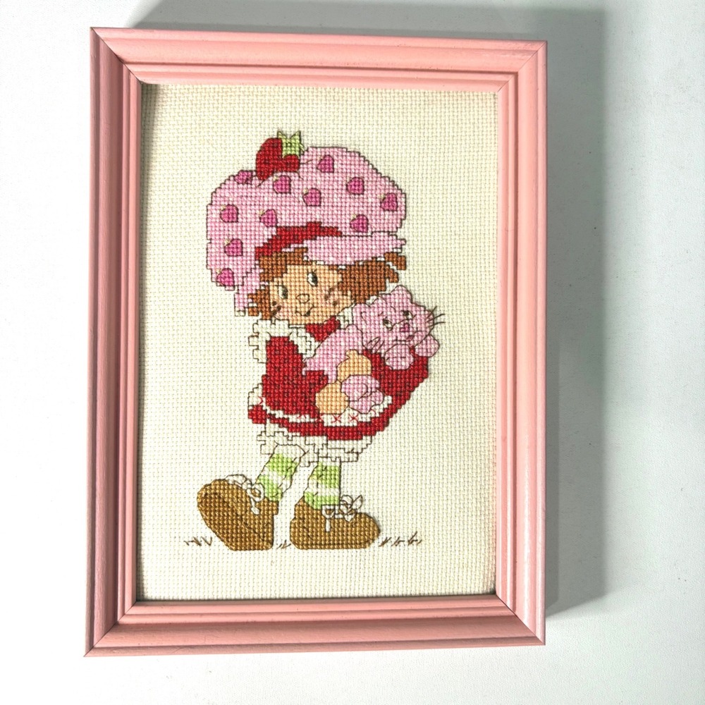 Vintage Strawberry Shortcake Cross Stitch Framed Wall Art Pink Wood Frame 8x6